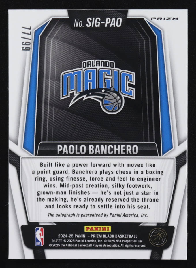 Paolo Banchero 2024-25 Panini Prizm Black Signatures Prizms Red #5 #77/99 at PristineAuction.com Paolo Banchero 2024-25 Panini Prizm Black Signatures Prizms Red #5 #77/99 at PristineAuction.com