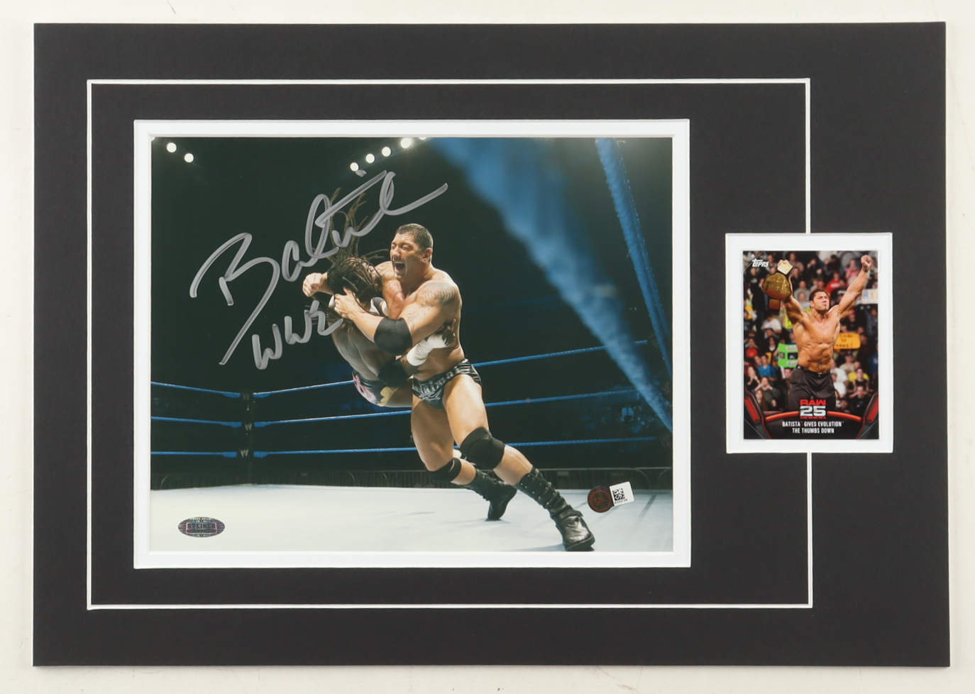 Dave Bautista Signed 12x17 Custom Matted Photo Display with Trading Card Inscribed "WWE" (Steiner & SM) at PristineAuction.com Dave Bautista Signed 12x17 Custom Matted Photo Display with Trading Card Inscribed "WWE" (Steiner & SM) at PristineAuction.com