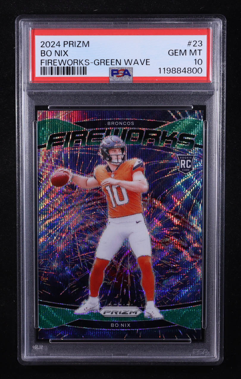 Bo Nix 2024 Panini Prizm Fireworks Prizms Green Wave #23 RC (PSA 10) at PristineAuction.com Bo Nix 2024 Panini Prizm Fireworks Prizms Green Wave #23 RC (PSA 10) at PristineAuction.com