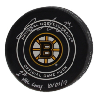 Jake DeBrusk Signed Bruins Logo Hockey Puck Inscribed "1st NHL Goal 10/05/17" (COJO) at PristineAuction.com
