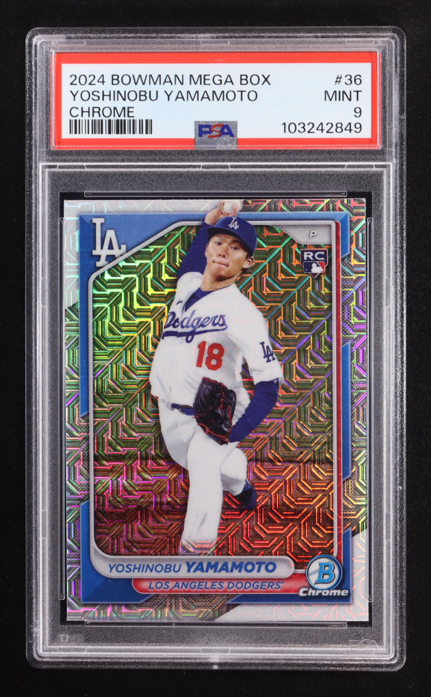 Yoshinobu Yamamoto 2024 Bowman Chrome Bowman Mega Box #36 RC (PSA 9) at PristineAuction.com Yoshinobu Yamamoto 2024 Bowman Chrome Bowman Mega Box #36 RC (PSA 9) at PristineAuction.com