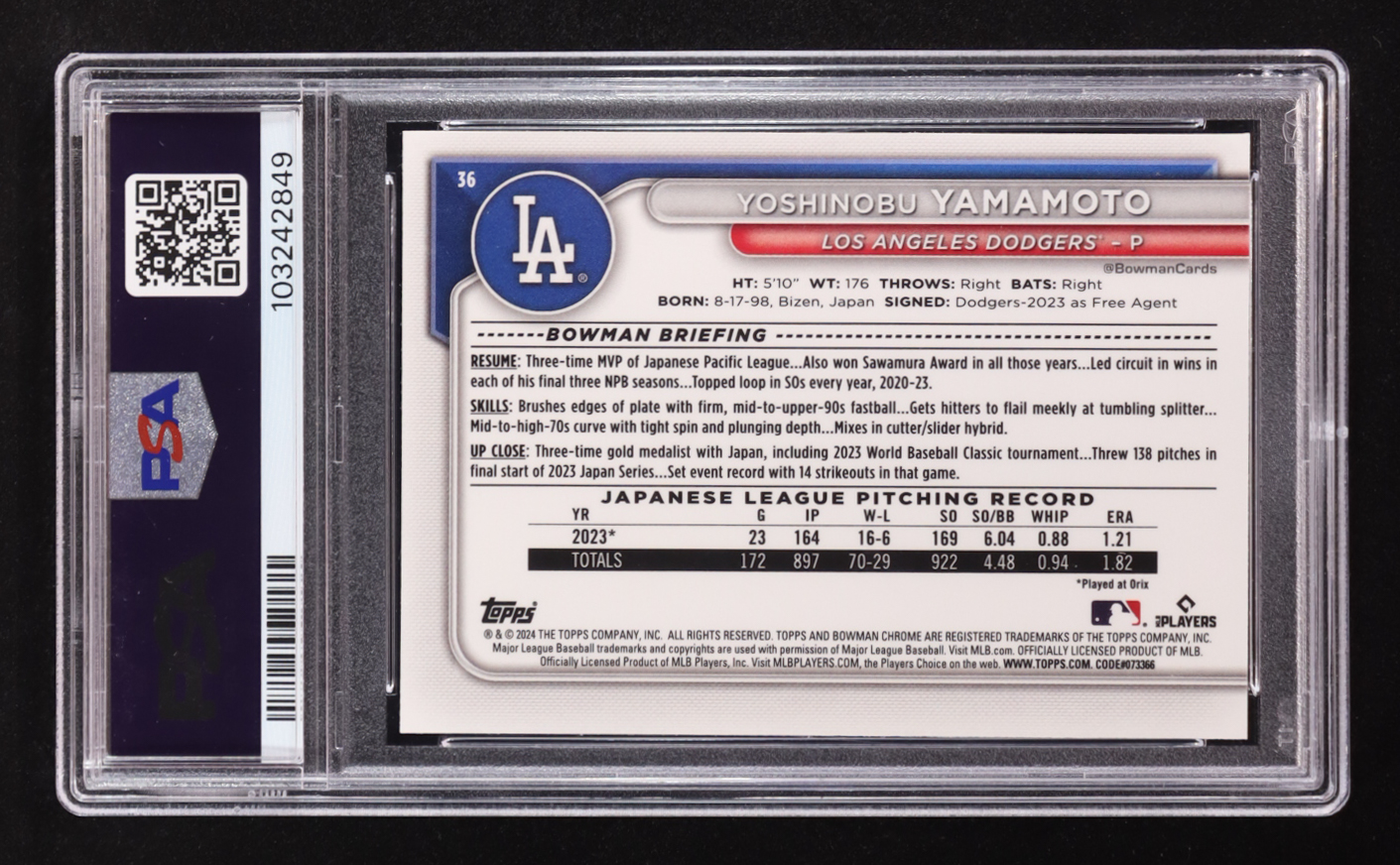 Yoshinobu Yamamoto 2024 Bowman Chrome Bowman Mega Box #36 RC (PSA 9) at PristineAuction.com Yoshinobu Yamamoto 2024 Bowman Chrome Bowman Mega Box #36 RC (PSA 9) at PristineAuction.com