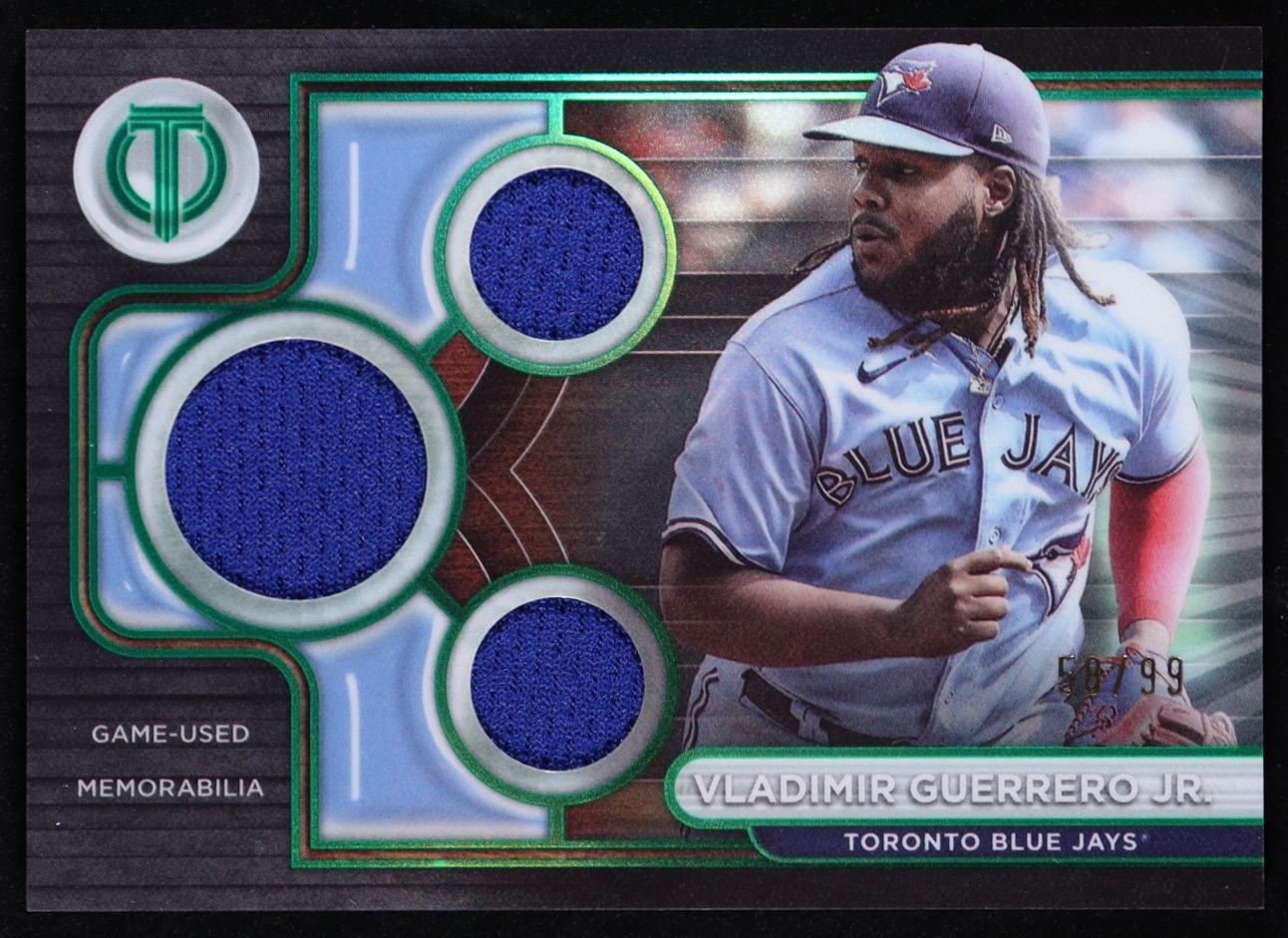 Vladimir Guerrero Jr. 2024 Topps Tribute Triple Relics Green #TTRVG #58/99 at PristineAuction.com Vladimir Guerrero Jr. 2024 Topps Tribute Triple Relics Green #TTRVG #58/99 at PristineAuction.com