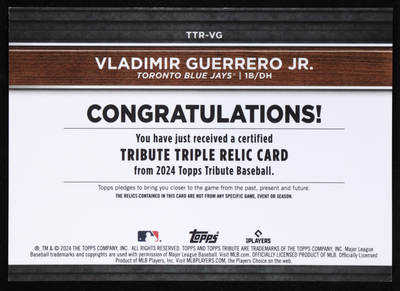 Vladimir Guerrero Jr. 2024 Topps Tribute Triple Relics Green #TTRVG #58/99 at PristineAuction.com Vladimir Guerrero Jr. 2024 Topps Tribute Triple Relics Green #TTRVG #58/99 at PristineAuction.com