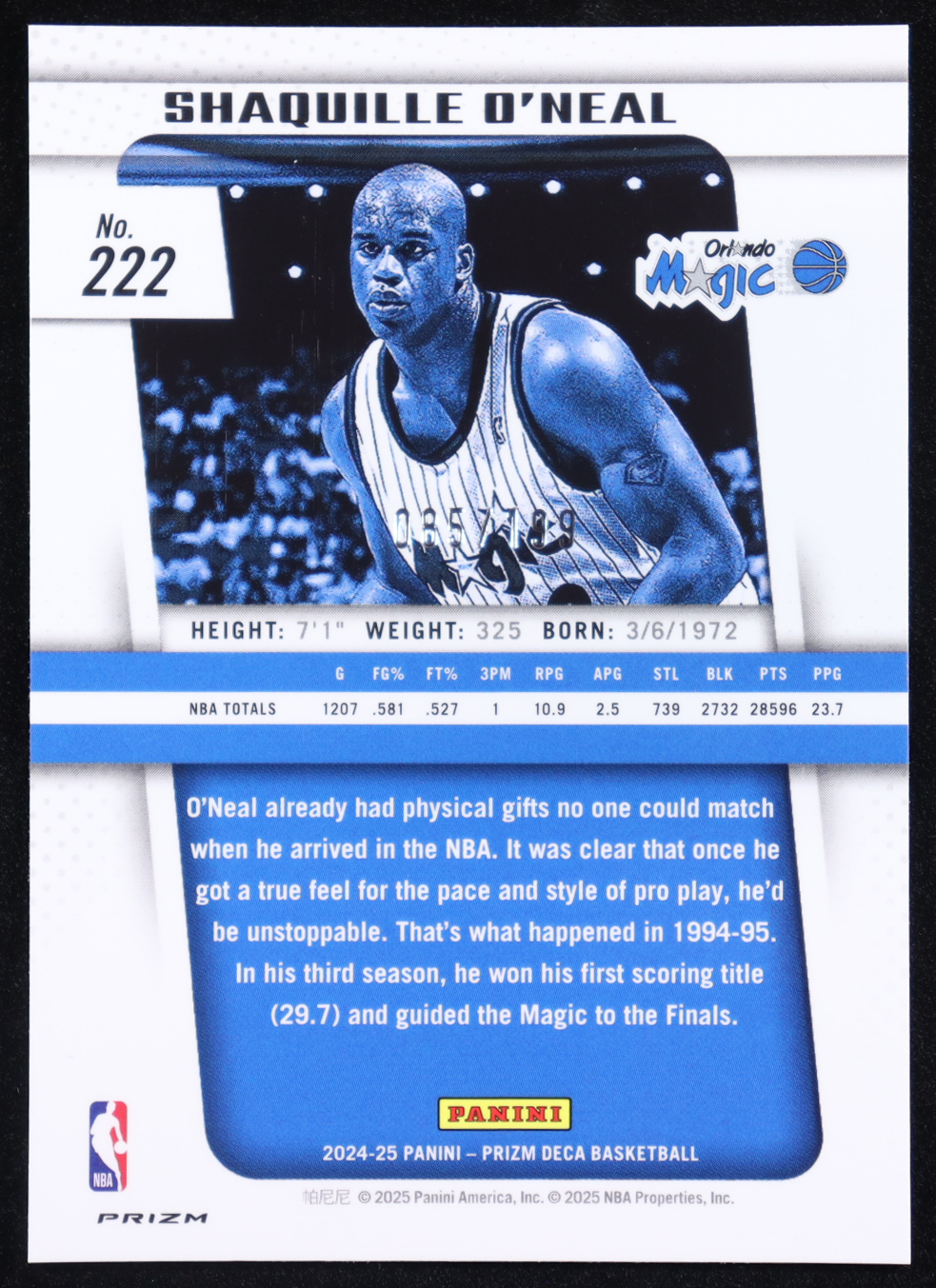 Shaquille O'Neal 2024-25 Prizm Deca Prizms Red #222 #085/199 LEG at PristineAuction.com Shaquille O'Neal 2024-25 Prizm Deca Prizms Red #222 #085/199 LEG at PristineAuction.com