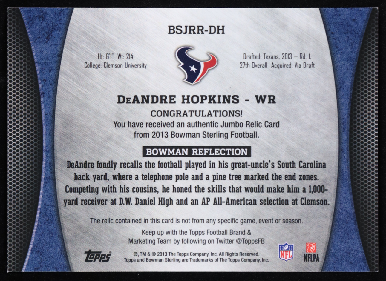 DeAndre Hopkins 2013 Bowman Sterling Relics #BSJRRDH #0362/1206 RC at PristineAuction.com DeAndre Hopkins 2013 Bowman Sterling Relics #BSJRRDH #0362/1206 RC at PristineAuction.com