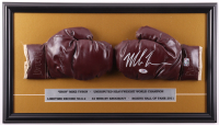 Mike Tyson Signed Custom Framed Set of (2) "Jack Dempsey" Model Boxing Gloves Display with Stat Plaque (PSA & Tyson) at PristineAuction.com