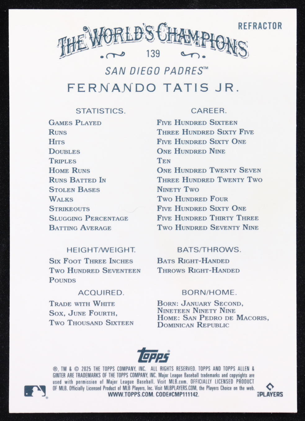 Fernando Tatis Jr. 2025 Topps Allen and Ginter Chrome Refractors #139 at PristineAuction.com Fernando Tatis Jr. 2025 Topps Allen and Ginter Chrome Refractors #139 at PristineAuction.com