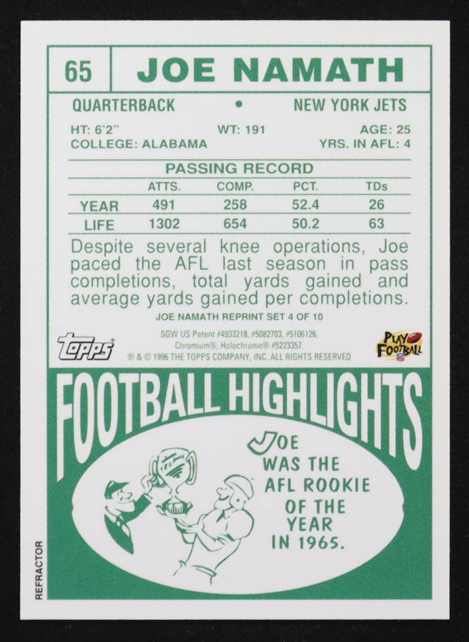 Joe Namath 1996 Topps Namath Reprints Refractors #4 / 1968 at PristineAuction.com Joe Namath 1996 Topps Namath Reprints Refractors #4 / 1968 at PristineAuction.com