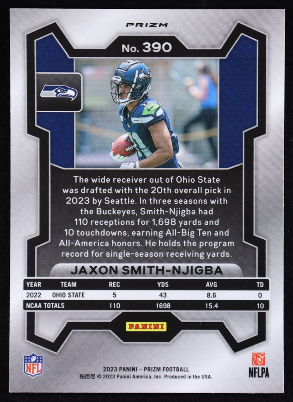 Jaxon Smith-Njigba 2023 Panini Prizm Prizms Orange Disco #390 RC at PristineAuction.com Jaxon Smith-Njigba 2023 Panini Prizm Prizms Orange Disco #390 RC at PristineAuction.com