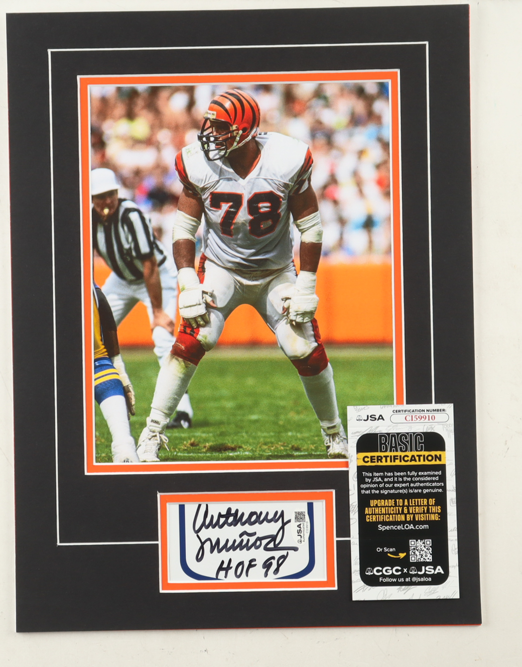 Anthony Munoz Signed 12x16 Custom Matted Cut Display with Photo Inscribed "HOF 98" (JSA) at PristineAuction.com Anthony Munoz Signed 12x16 Custom Matted Cut Display with Photo Inscribed "HOF 98" (JSA) at PristineAuction.com