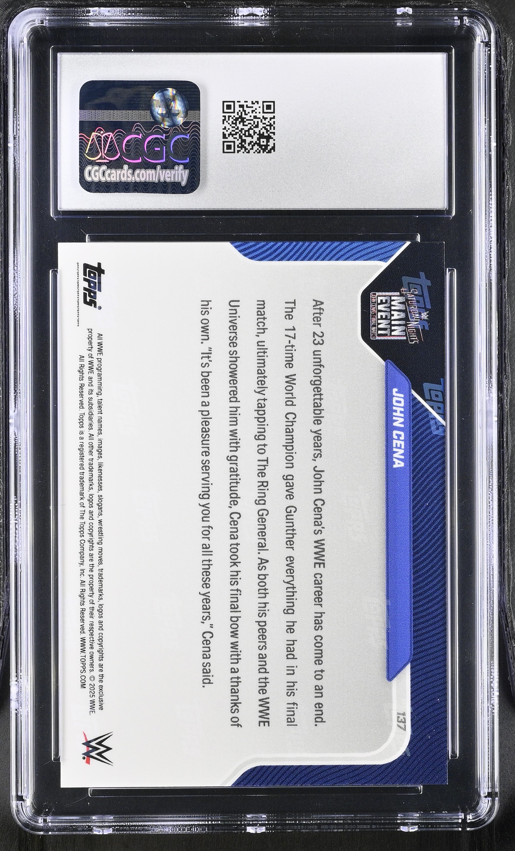 John Cena 2025 Topps Now WWE #137 (CGC 10) at PristineAuction.com John Cena 2025 Topps Now WWE #137 (CGC 10) at PristineAuction.com