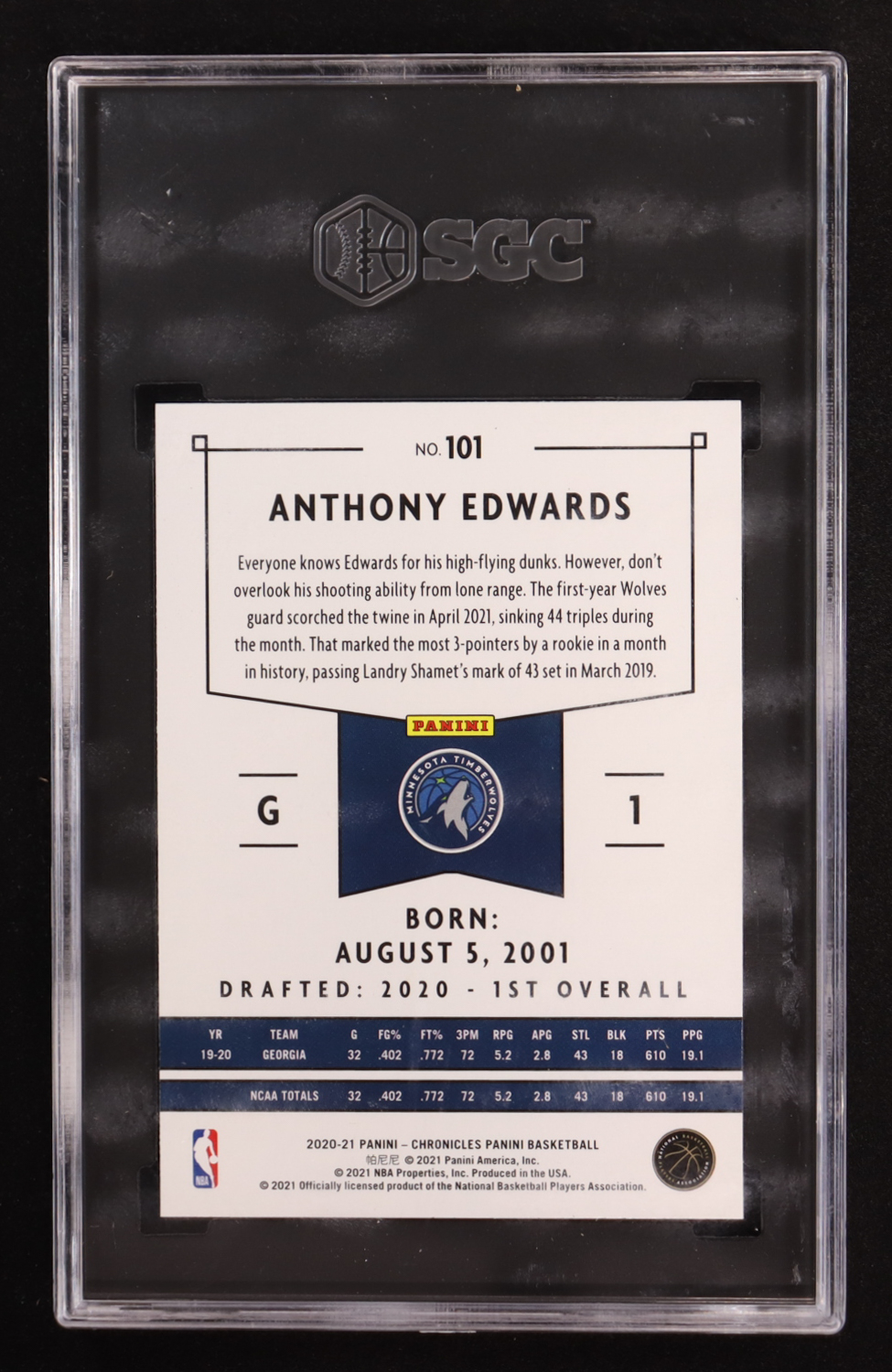 Anthony Edwards 2020-21 Panini Chronicles Panini #101 RC (SGC 9.5) at PristineAuction.com Anthony Edwards 2020-21 Panini Chronicles Panini #101 RC (SGC 9.5) at PristineAuction.com