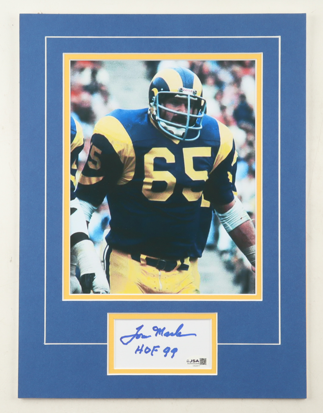 Tom Mack Signed 12x16 Custom Matted Cut Display with Photo Inscribed "HOF 99" (JSA) at PristineAuction.com Tom Mack Signed 12x16 Custom Matted Cut Display with Photo Inscribed "HOF 99" (JSA) at PristineAuction.com