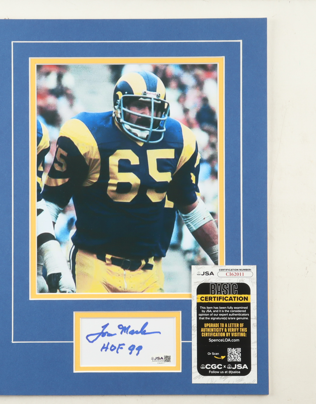 Tom Mack Signed 12x16 Custom Matted Cut Display with Photo Inscribed "HOF 99" (JSA) at PristineAuction.com Tom Mack Signed 12x16 Custom Matted Cut Display with Photo Inscribed "HOF 99" (JSA) at PristineAuction.com