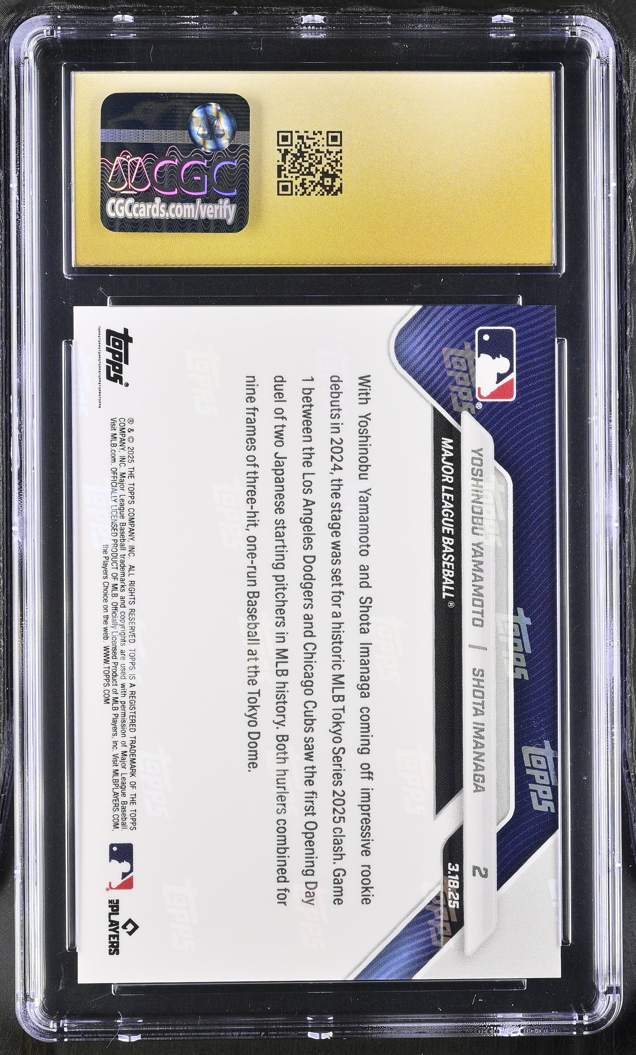 Yoshinobu Yamamoto / Shota Imanaga 2025 Topps Now #2 (CGC PRISTINE 10 | Black Label) at PristineAuction.com Yoshinobu Yamamoto / Shota Imanaga 2025 Topps Now #2 (CGC PRISTINE 10 | Black Label) at PristineAuction.com