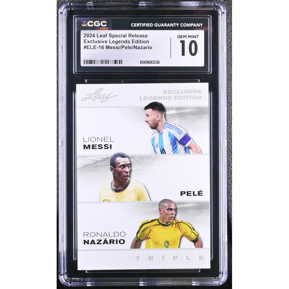 Lionel Messi/  Pele / Ronaldo Nazario 2024 Leaf Special Release Exclusive Legends Edition #ELE-16 (CGC 10) at PristineAuction.com
