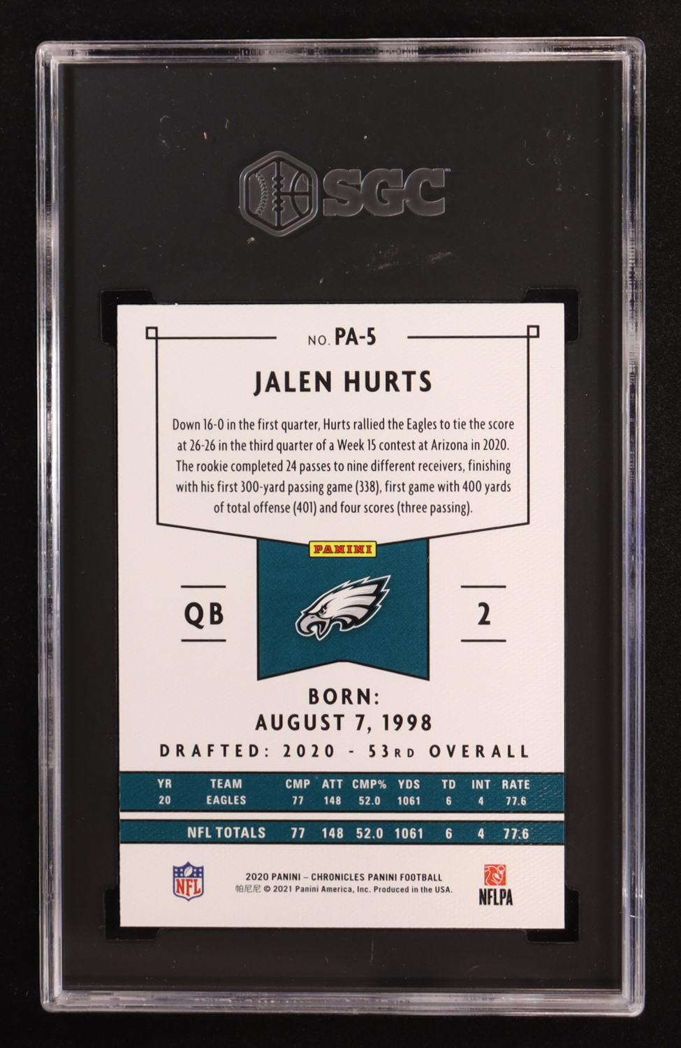 Jalen Hurts 2020 Panini Chronicles Panini #PA5 RC (SGC 10) at PristineAuction.com Jalen Hurts 2020 Panini Chronicles Panini #PA5 RC (SGC 10) at PristineAuction.com