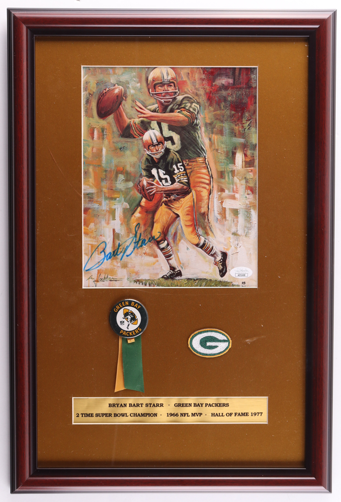 Bart Starr Signed Packers Custom Framed Art Print Display with Ribbon Lapel Pin & Packers Patch (JSA) at PristineAuction.com Bart Starr Signed Packers Custom Framed Art Print Display with Ribbon Lapel Pin & Packers Patch (JSA) at PristineAuction.com