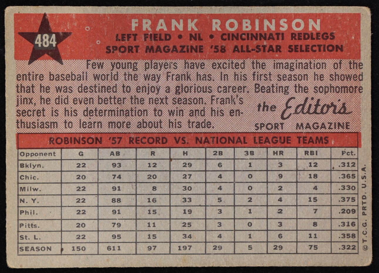 Frank Robinson 1958 Topps #484 at PristineAuction.com Frank Robinson 1958 Topps #484 at PristineAuction.com