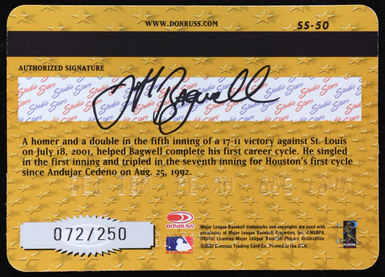 Jeff Bagwell 2002 Studio Stars Gold #50 #072/250 at PristineAuction.com Jeff Bagwell 2002 Studio Stars Gold #50 #072/250 at PristineAuction.com