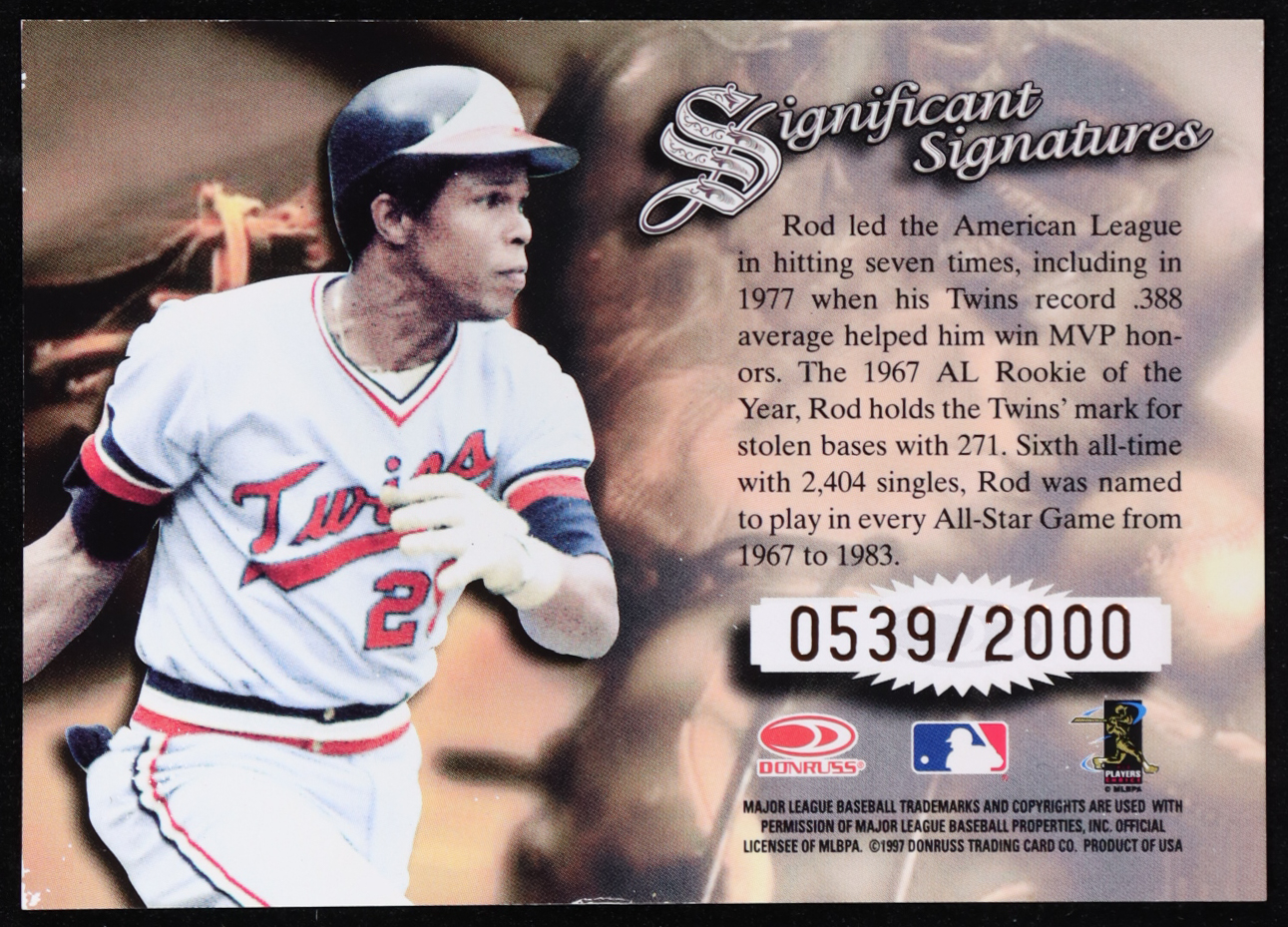 Rod Carew 1997 Donruss Signature Series Significant Signatures #6 #0539/2000 at PristineAuction.com Rod Carew 1997 Donruss Signature Series Significant Signatures #6 #0539/2000 at PristineAuction.com