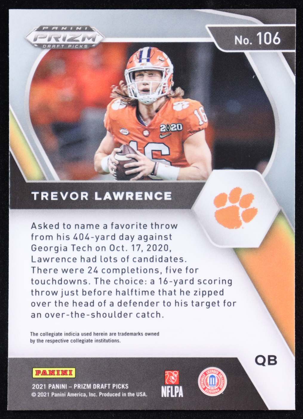 Trevor Lawrence 2021 Panini Prizm Draft Picks #106 RC at PristineAuction.com Trevor Lawrence 2021 Panini Prizm Draft Picks #106 RC at PristineAuction.com