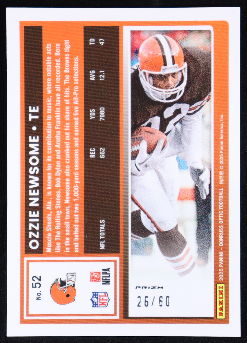 Ozzie Newsome 2025 Panini Donruss Optic Purple #52 #26/60 at PristineAuction.com Ozzie Newsome 2025 Panini Donruss Optic Purple #52 #26/60 at PristineAuction.com