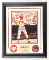 Johnny Bench Signed Reds Custom Framed Matted Photo Display with Game-Used Bat Piece (Mounted Memories) at PristineAuction.com