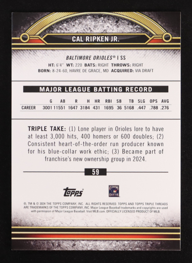 Cal Ripken Jr. 2024 Topps Triple Threads Tourmaline #59 #011/125 at PristineAuction.com Cal Ripken Jr. 2024 Topps Triple Threads Tourmaline #59 #011/125 at PristineAuction.com