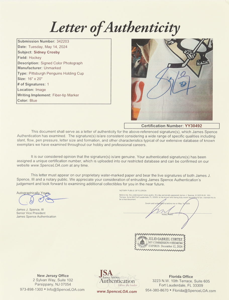 Sidney Crosby Signed Penguins 16x20 Photo (JSA) at PristineAuction.com Sidney Crosby Signed Penguins 16x20 Photo (JSA) at PristineAuction.com