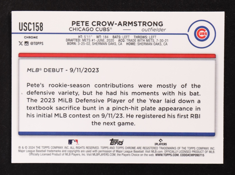 Pete Crow-Armstrong 2024 Topps Chrome Update X-Fractors #USC158 RC at PristineAuction.com Pete Crow-Armstrong 2024 Topps Chrome Update X-Fractors #USC158 RC at PristineAuction.com