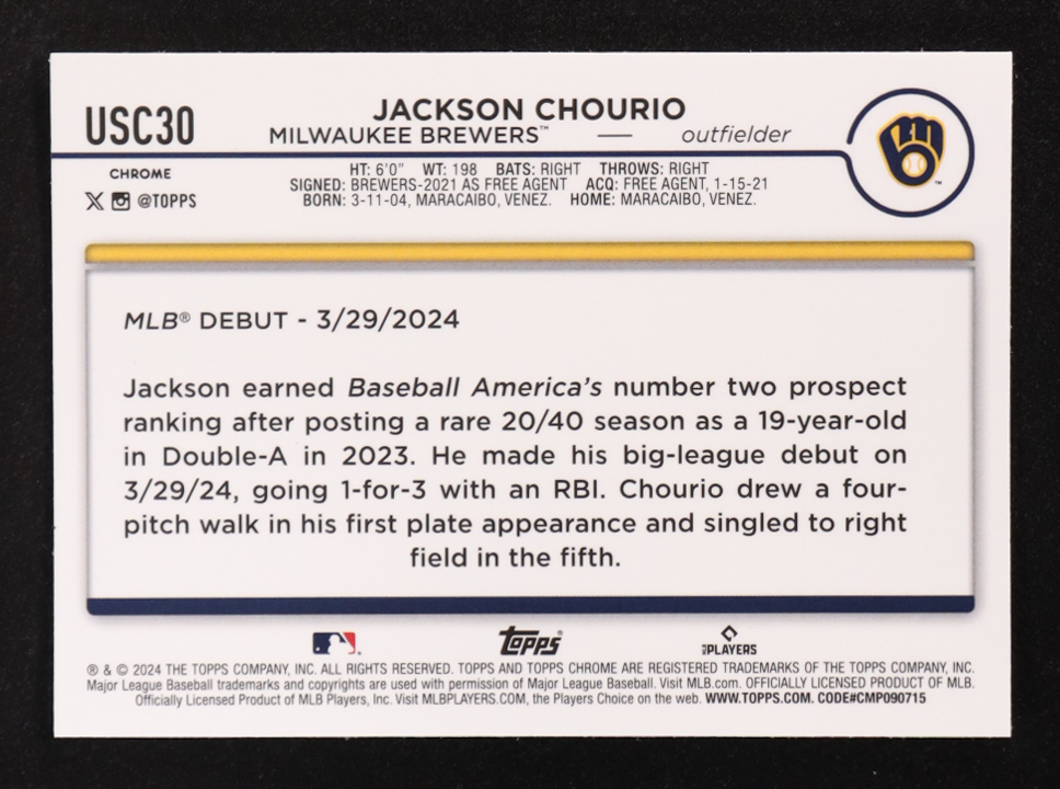 Jackson Chourio 2024 Topps Chrome Update X-Fractors #USC30 RC at PristineAuction.com Jackson Chourio 2024 Topps Chrome Update X-Fractors #USC30 RC at PristineAuction.com