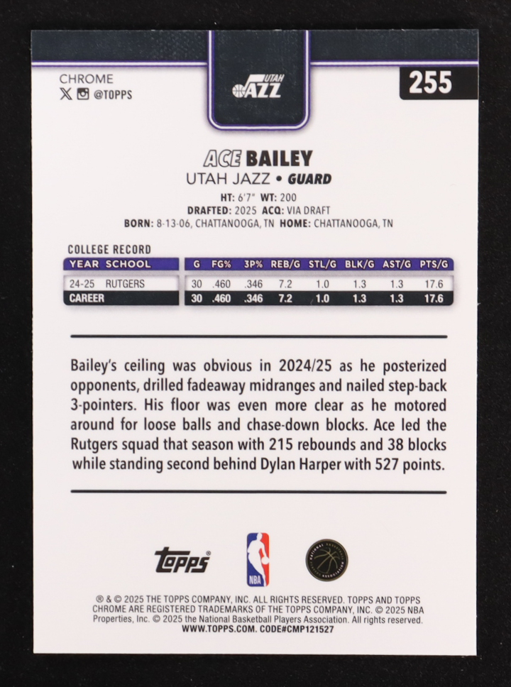 Ace Bailey 2025-26 Topps Chrome Basketball Refractors #255 RC at PristineAuction.com Ace Bailey 2025-26 Topps Chrome Basketball Refractors #255 RC at PristineAuction.com