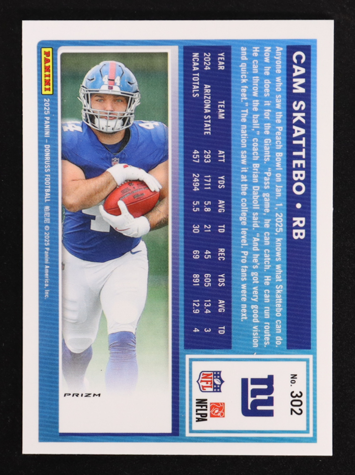 Cam Skattebo 2025 Donruss Optic Rated Rookies Preview Red and Green #302 RC at PristineAuction.com Cam Skattebo 2025 Donruss Optic Rated Rookies Preview Red and Green #302 RC at PristineAuction.com