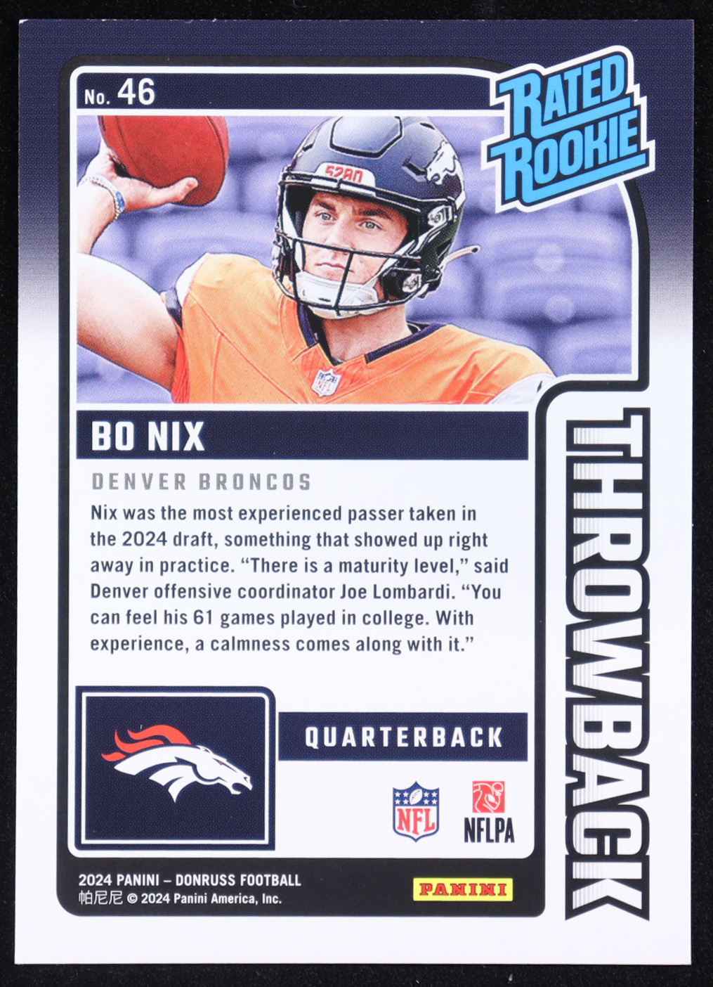 Bo Nix 2024 Donruss Rated Rookies Throwback #46 RC at PristineAuction.com Bo Nix 2024 Donruss Rated Rookies Throwback #46 RC at PristineAuction.com