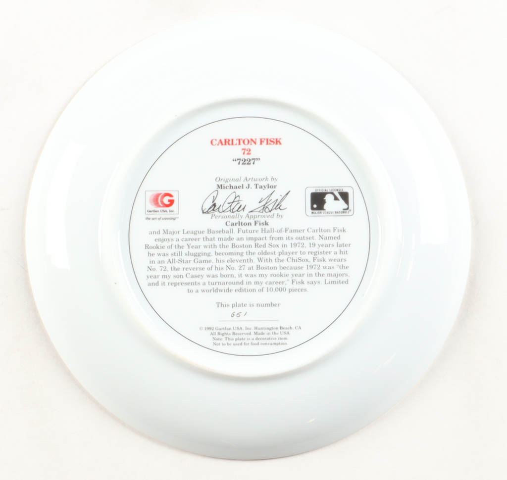 Carlton Fisk "7227" LE Red Sox 1992 Ceramic Plate (Gartlan) at PristineAuction.com Carlton Fisk "7227" LE Red Sox 1992 Ceramic Plate (Gartlan) at PristineAuction.com