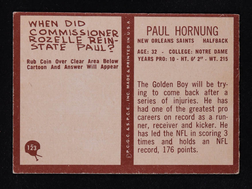 Paul Hornung 1967 Philadelphia #123 at PristineAuction.com Paul Hornung 1967 Philadelphia #123 at PristineAuction.com