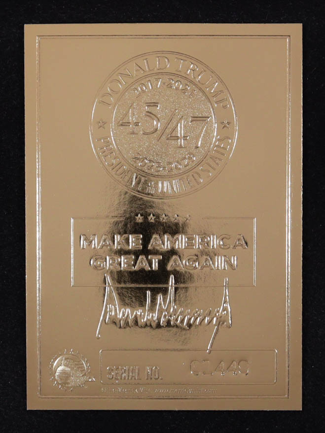 Donald Trump 2021 Merrick Mint Dream Big Again! 2024 Red Signature Series 23Kt Gold Card #1452 at PristineAuction.com Donald Trump 2021 Merrick Mint Dream Big Again! 2024 Red Signature Series 23Kt Gold Card #1452 at PristineAuction.com
