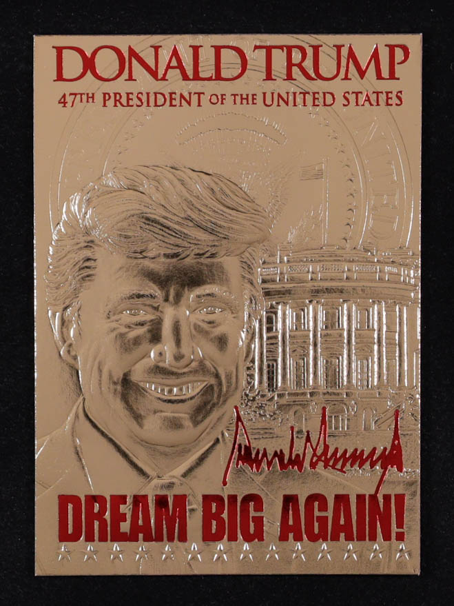 Donald Trump 2021 Merrick Mint Dream Big Again! 2024 Red Signature Series 23Kt Gold Card #1452 at PristineAuction.com Donald Trump 2021 Merrick Mint Dream Big Again! 2024 Red Signature Series 23Kt Gold Card #1452 at PristineAuction.com