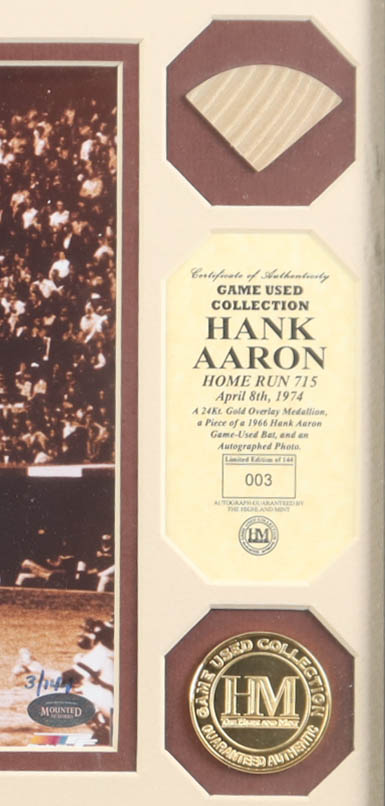 Hank Aaron Signed Braves Custom Framed Matted Photo Display with Game-Used Bat Piece (Highland Mint) at PristineAuction.com Hank Aaron Signed Braves Custom Framed Matted Photo Display with Game-Used Bat Piece (Highland Mint) at PristineAuction.com