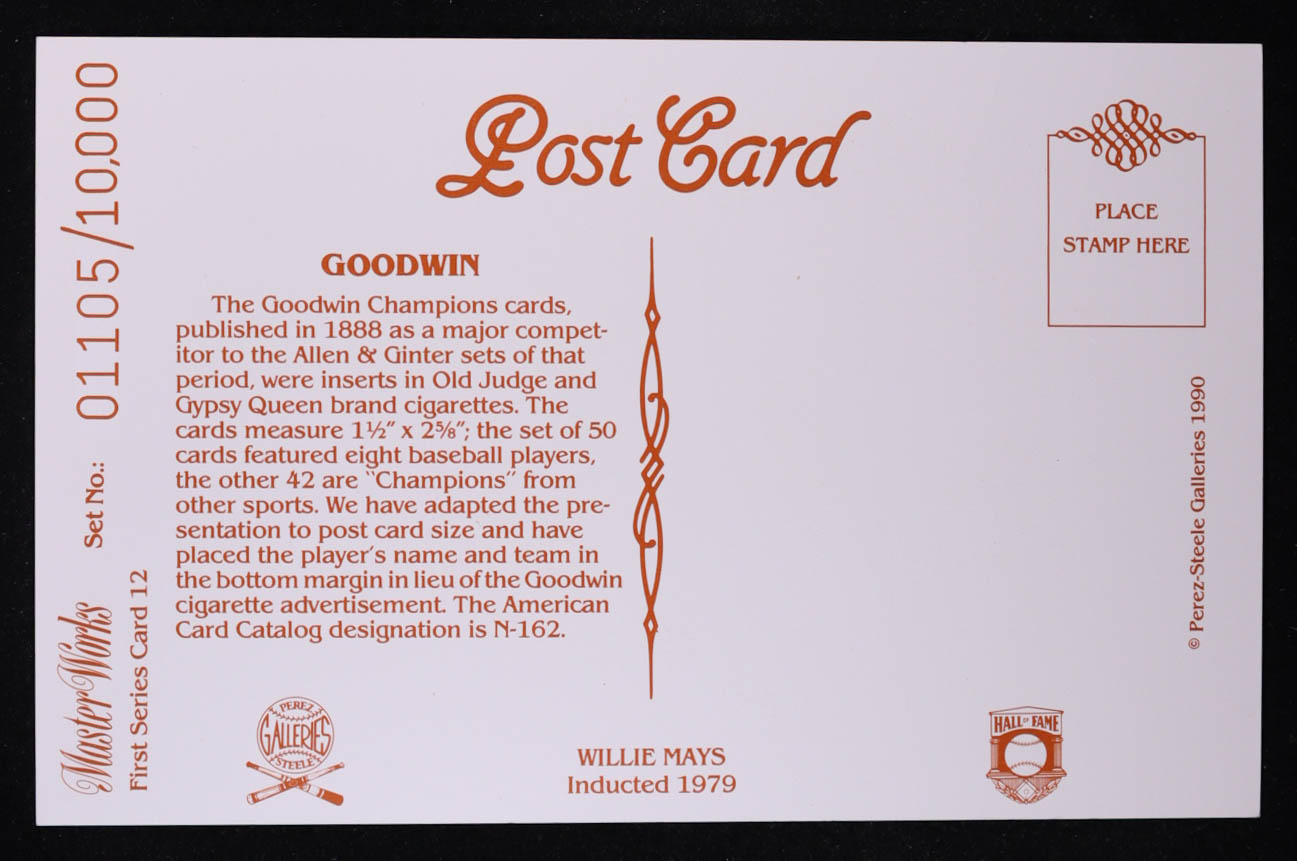Willie Mays 1990 Perez-Steele Galleries Post Card #12 #1,105/10,000 at PristineAuction.com Willie Mays 1990 Perez-Steele Galleries Post Card #12 #1,105/10,000 at PristineAuction.com