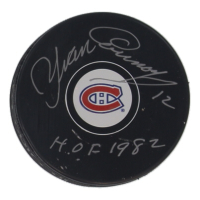 Yvan Cournoyer Signed Canadiens Logo Hockey Puck Inscribed "H.O.F. 1982" with Display Case (New England Picture) at PristineAuction.com
