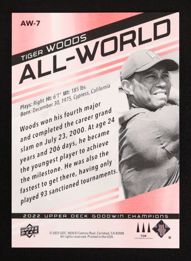 Tiger Woods 2022 Upper Deck Goodwin Champions All-World Red #AW7 #274/299 at PristineAuction.com Tiger Woods 2022 Upper Deck Goodwin Champions All-World Red #AW7 #274/299 at PristineAuction.com