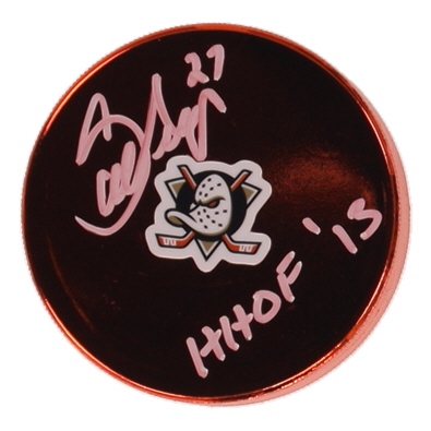 Scott Niedermayer Signed Ducks Logo Hockey Puck Inscribed "HOF '13" (JSA) at PristineAuction.com Scott Niedermayer Signed Ducks Logo Hockey Puck Inscribed "HOF '13" (JSA) at PristineAuction.com