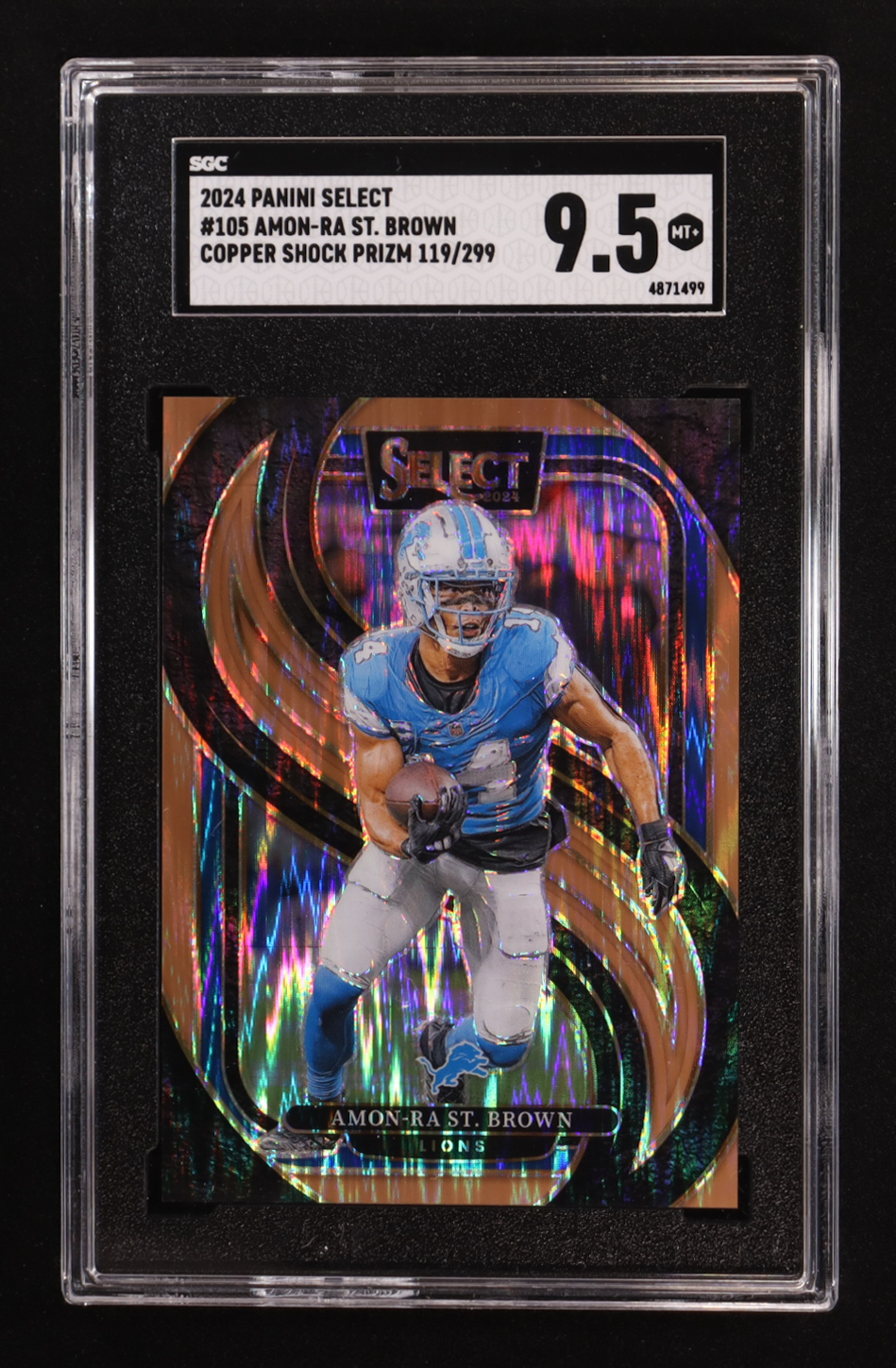 Amon-Ra St. Brown 2024 Select Prizm Copper Shock #105 #119/299 (SGC 9.5) at PristineAuction.com Amon-Ra St. Brown 2024 Select Prizm Copper Shock #105 #119/299 (SGC 9.5) at PristineAuction.com