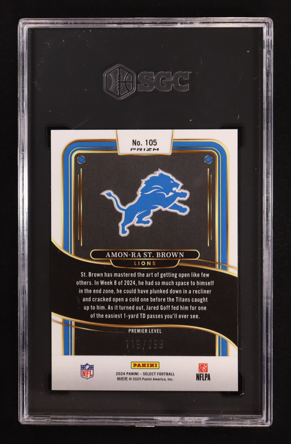 Amon-Ra St. Brown 2024 Select Prizm Copper Shock #105 #119/299 (SGC 9.5) at PristineAuction.com Amon-Ra St. Brown 2024 Select Prizm Copper Shock #105 #119/299 (SGC 9.5) at PristineAuction.com