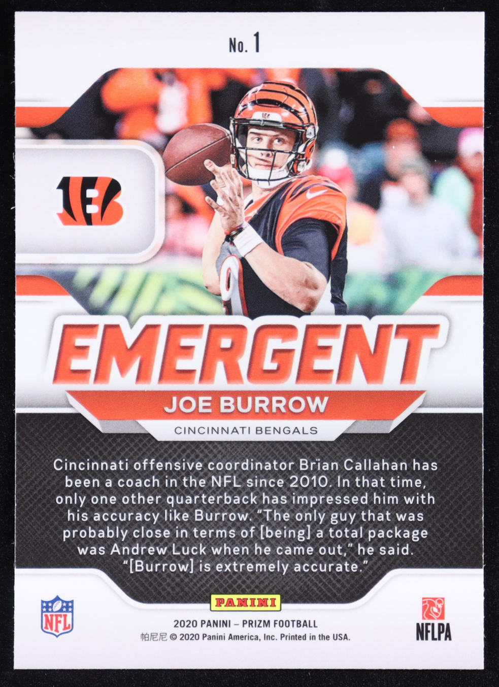 Joe Burrow 2020 Panini Prizm Emergent #1 RC at PristineAuction.com Joe Burrow 2020 Panini Prizm Emergent #1 RC at PristineAuction.com