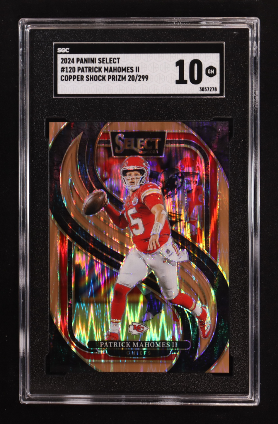 Patrick Mahomes II 2024 Select Prizm Copper Shock #120 #20/299 (SGC 10) at PristineAuction.com Patrick Mahomes II 2024 Select Prizm Copper Shock #120 #20/299 (SGC 10) at PristineAuction.com