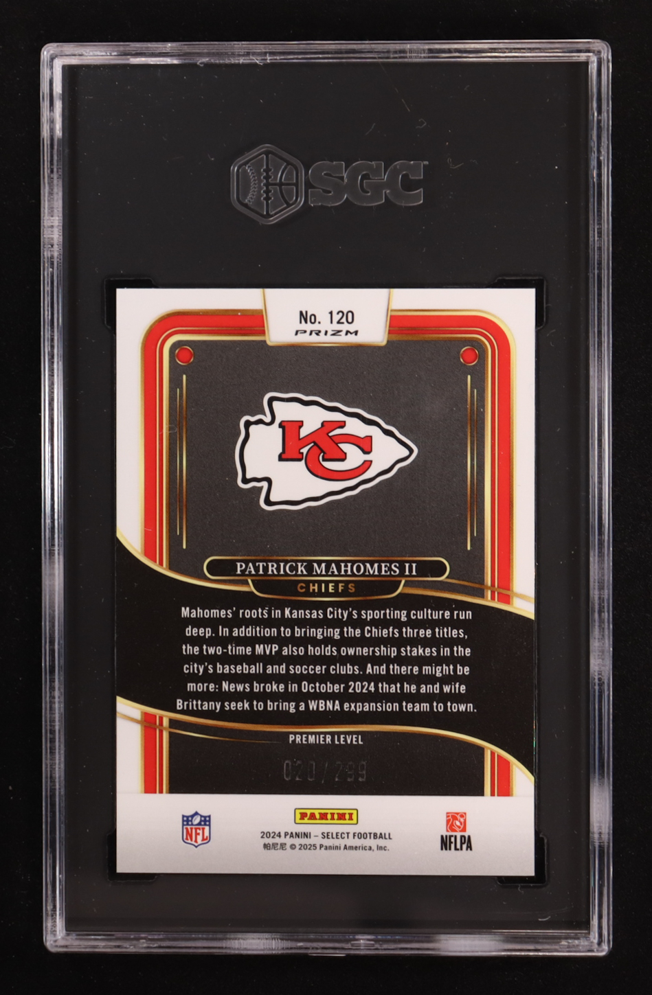 Patrick Mahomes II 2024 Select Prizm Copper Shock #120 #20/299 (SGC 10) at PristineAuction.com Patrick Mahomes II 2024 Select Prizm Copper Shock #120 #20/299 (SGC 10) at PristineAuction.com